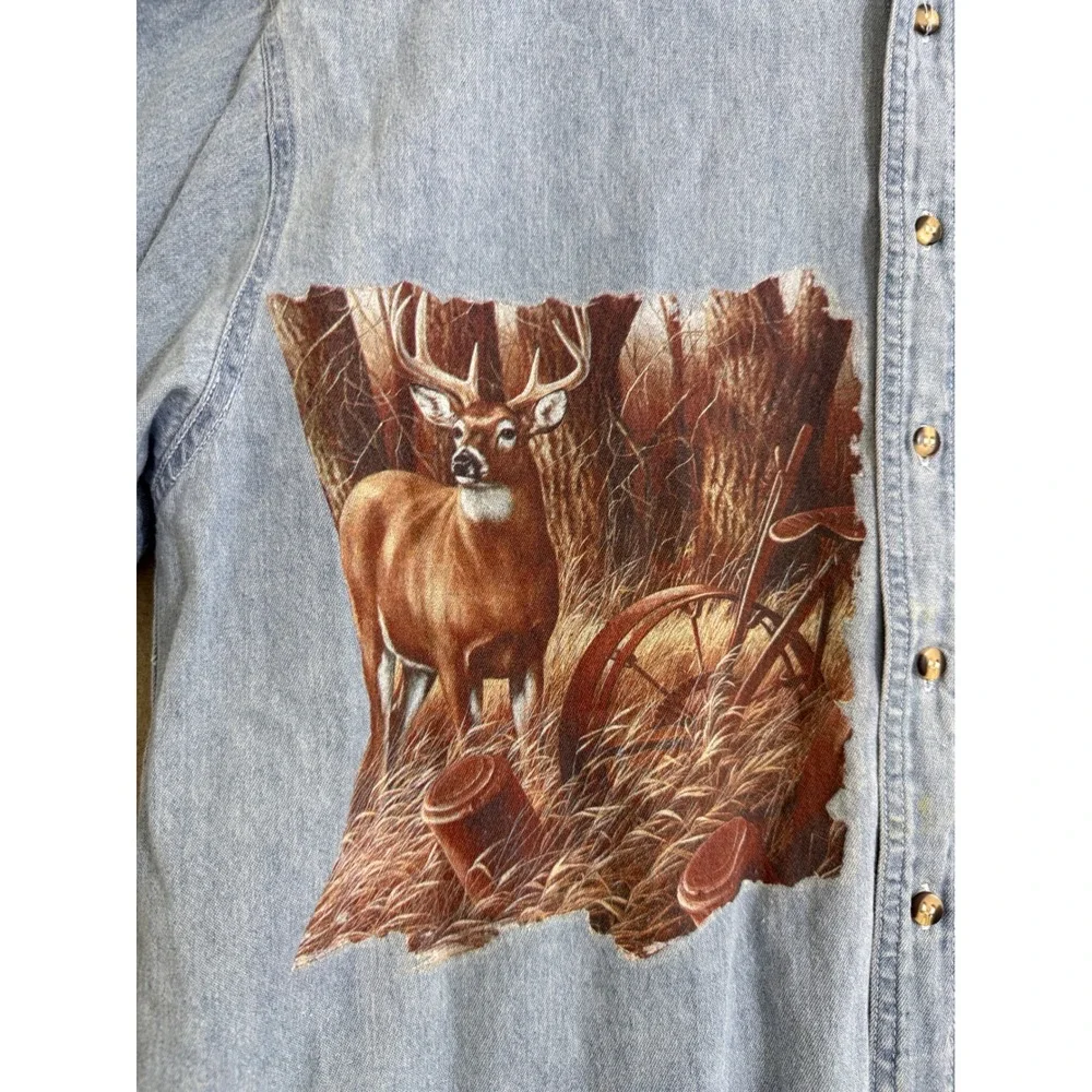 Mens Vintage Deer Graphic Denim Shirt Short Sleeve Light Wash Large hunter fade - Picture 9 of 10